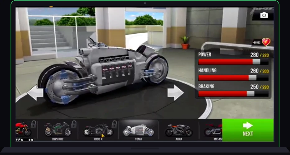 Bike selection carousel in Traffic Rider Mod APK with the full roster available