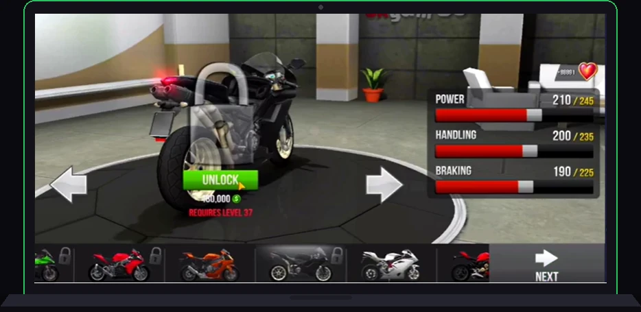 All bikes unlocked screen in Traffic Rider Mod APK showing every superbike ready to ride