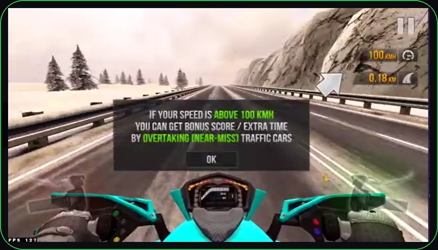 Near-miss bonus gameplay screen in Traffic Rider Mod APK