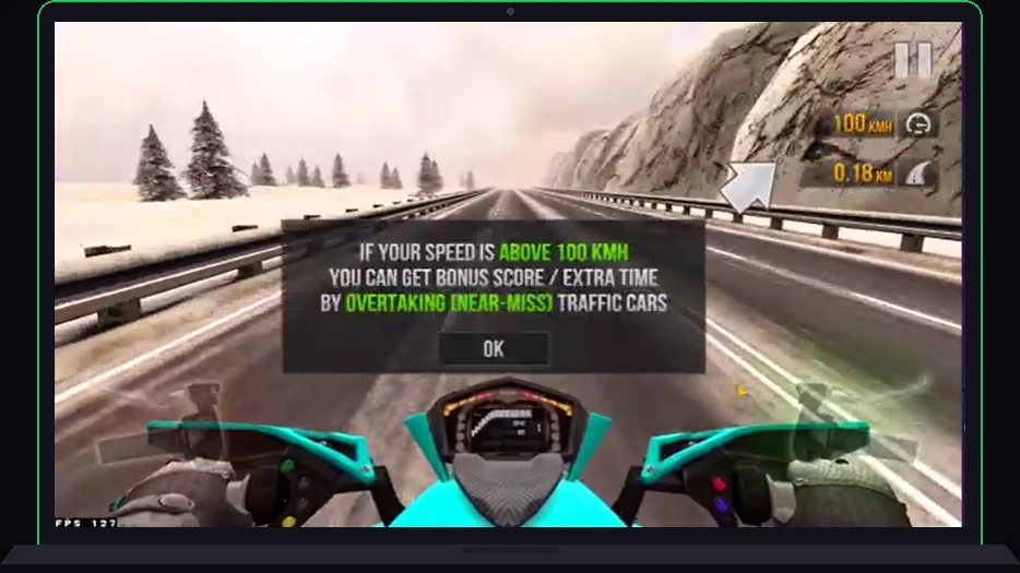 Near-miss overtake bonus score popup in Traffic Rider Mod APK on PC